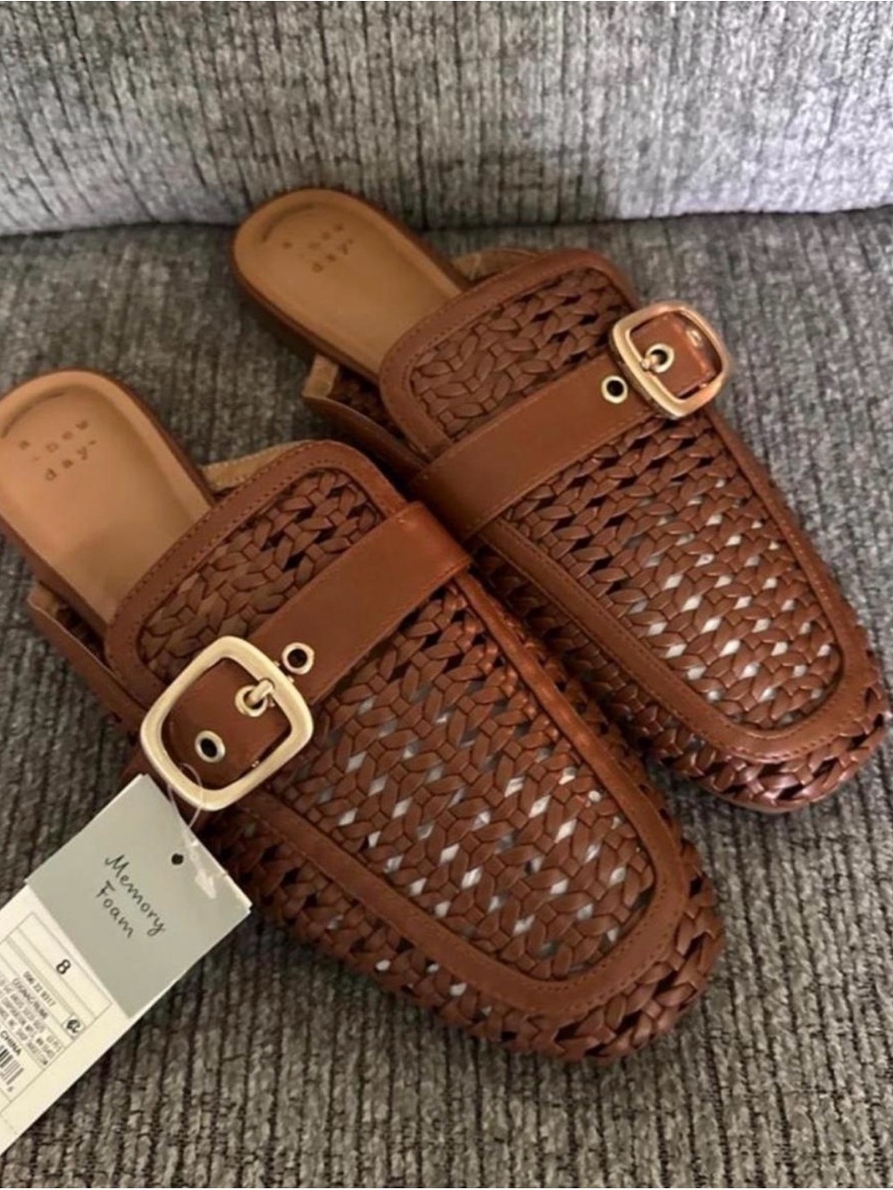 Brown Woven Leather Buckle Mule